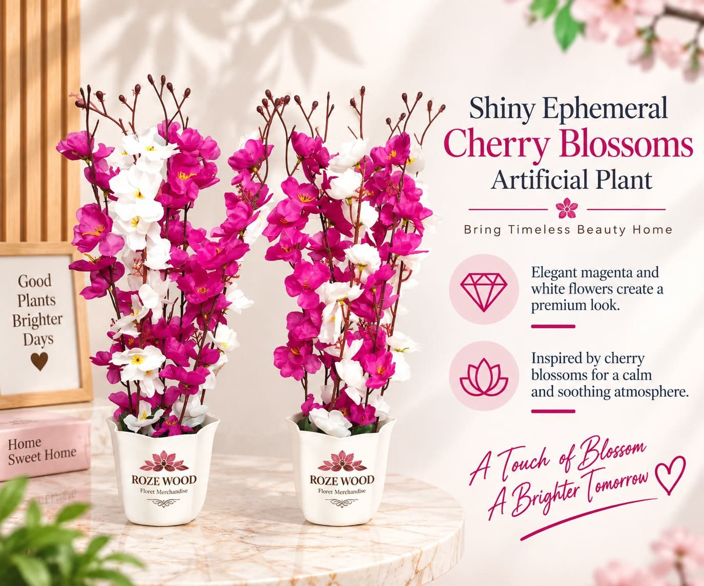 Shiny Ephemeral Cherry Blossoms Artificial Plant with Octagon Pot (2 Units)