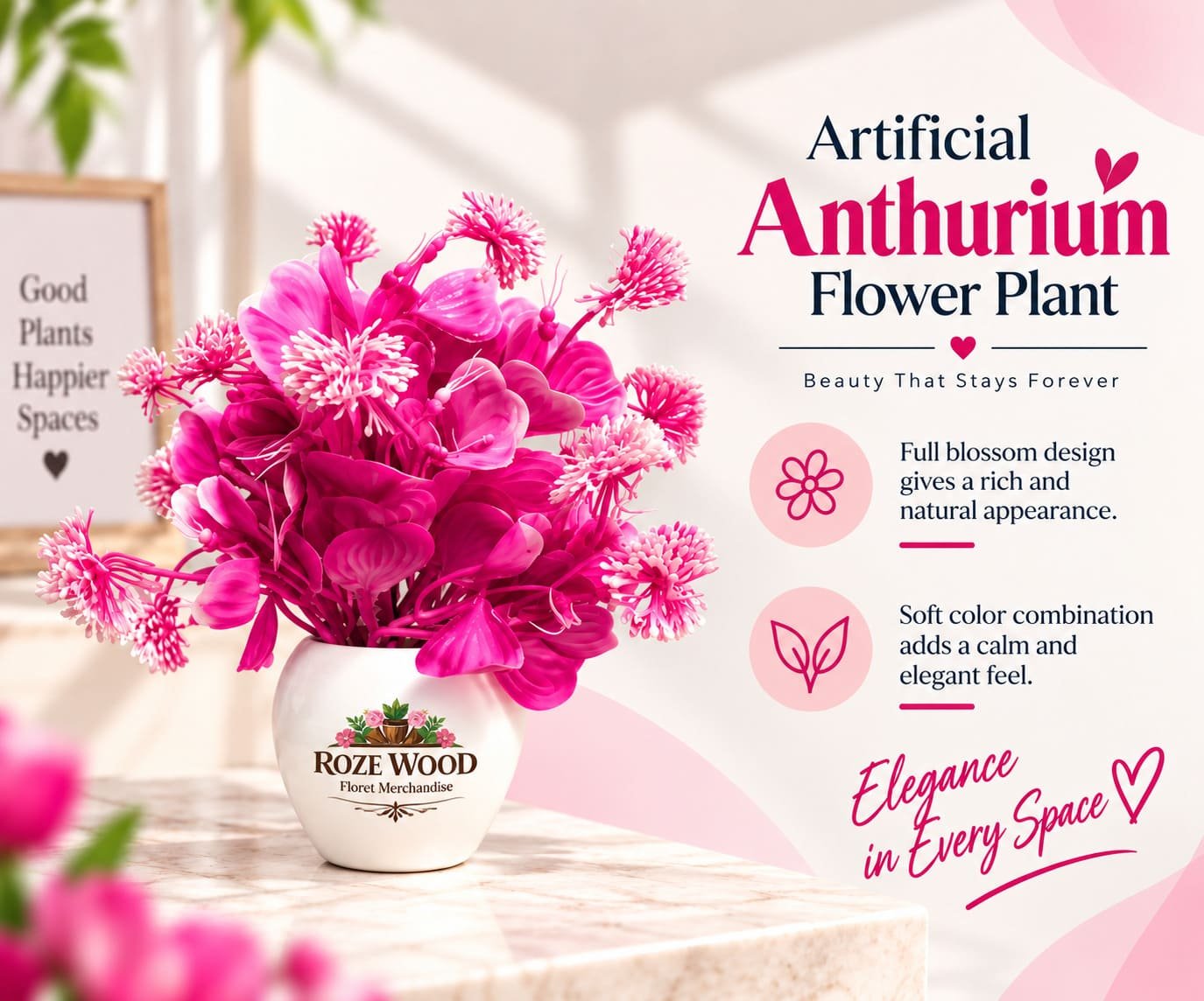 Artificial Anthurium Flower Plant with White Pot
