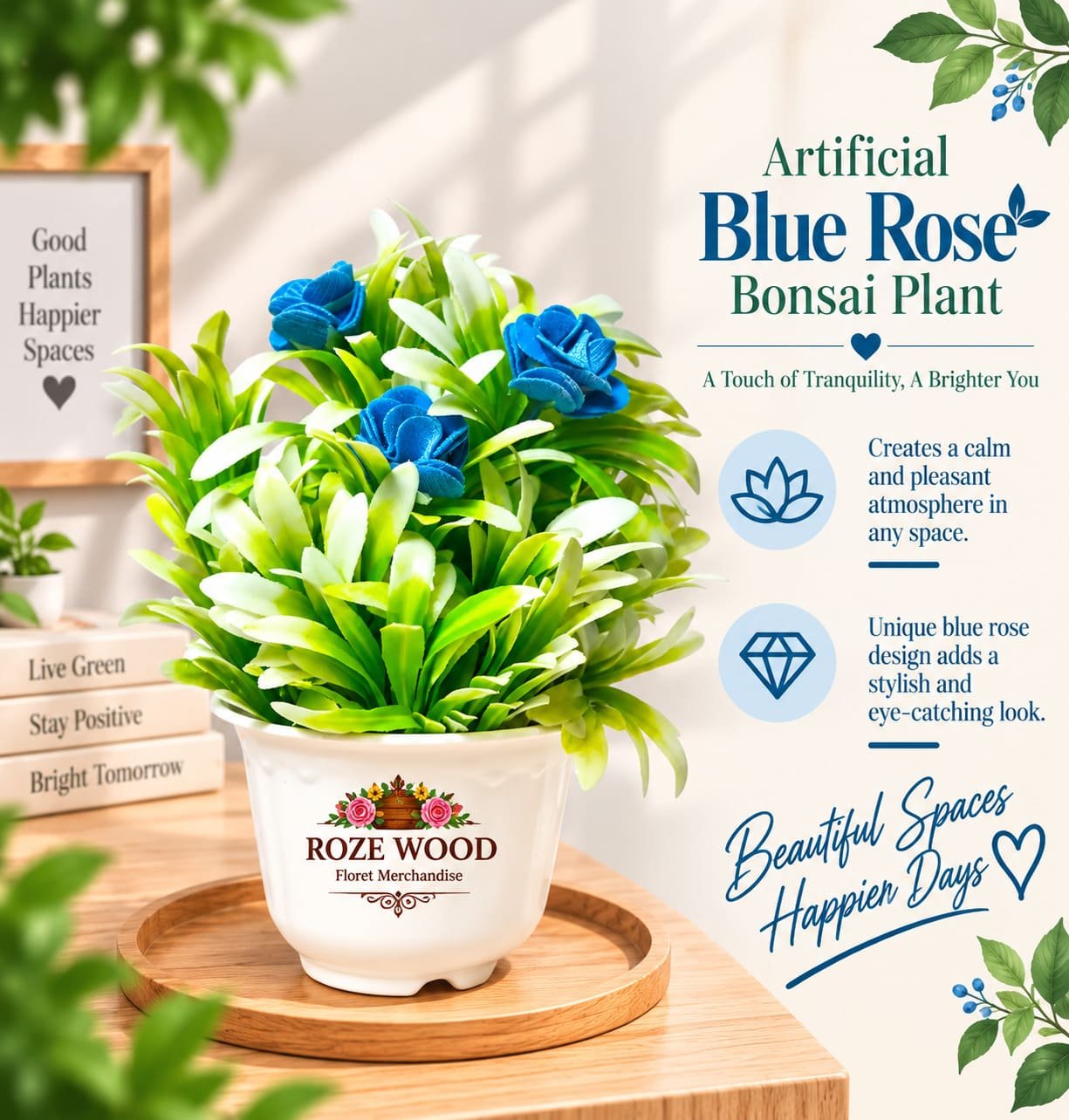 Artificial Blue Rose Bonsai Plant with White Pot