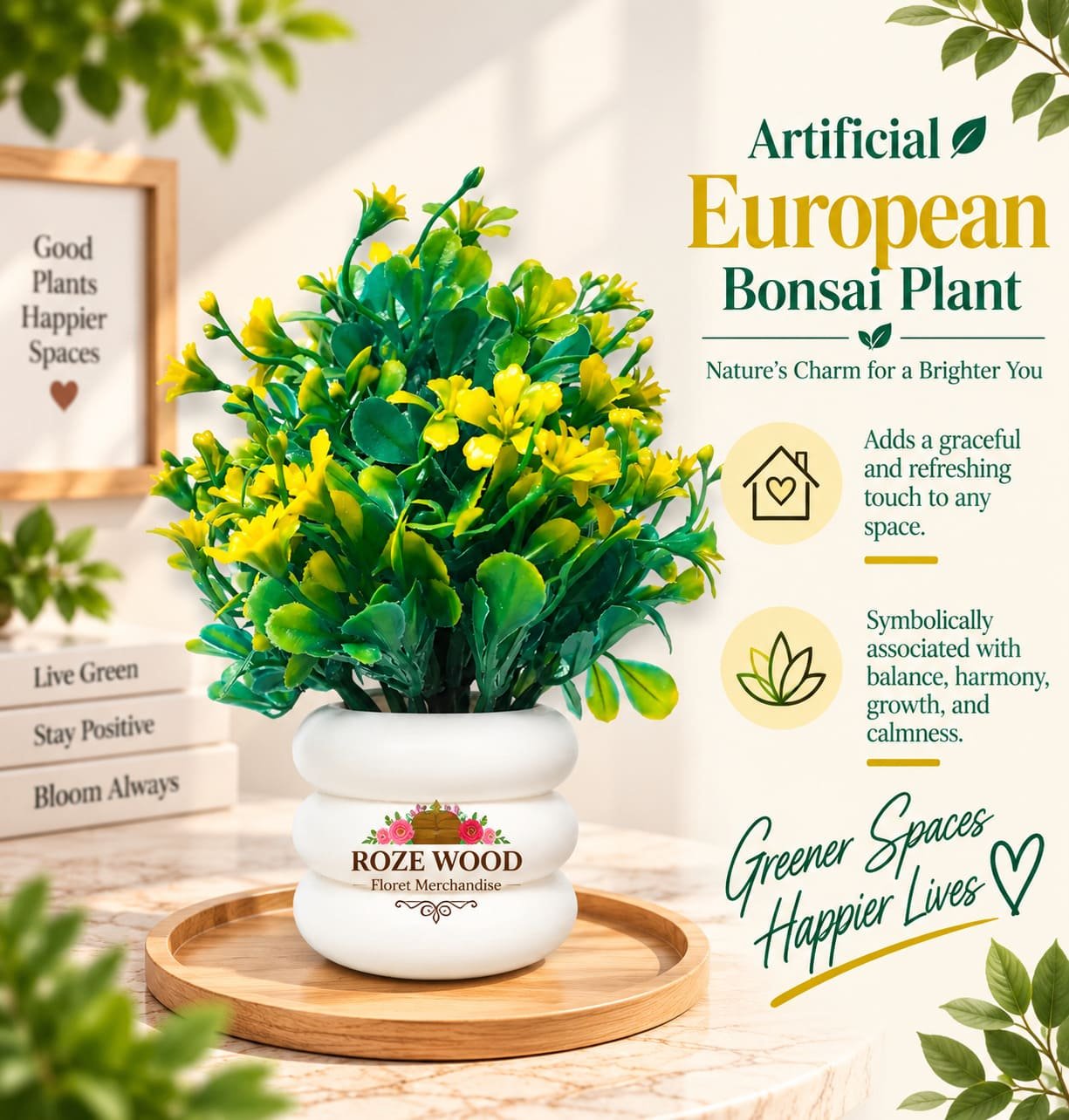 Artificial European Bonsai Plant with Yellow Flowers & White Pot