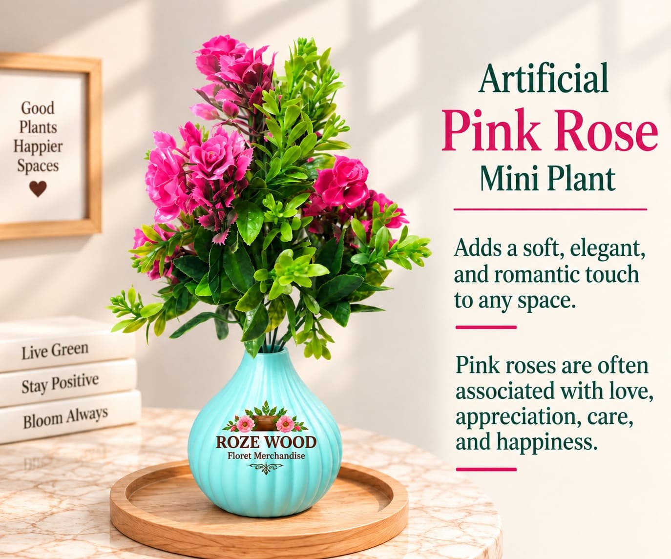 Artificial Pink Rose Mini Plant with Blue Pot