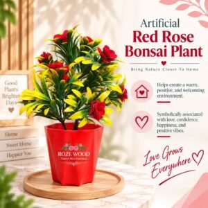 Artificial Red Rose Bonsai Plant with Red Pot