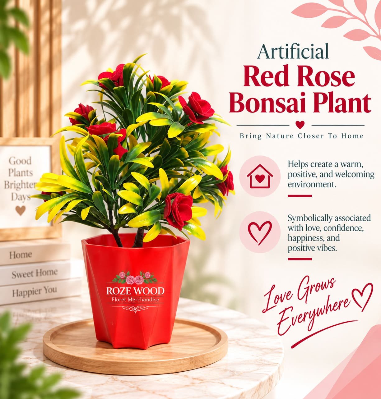Artificial Red Rose Bonsai Plant with Red Pot