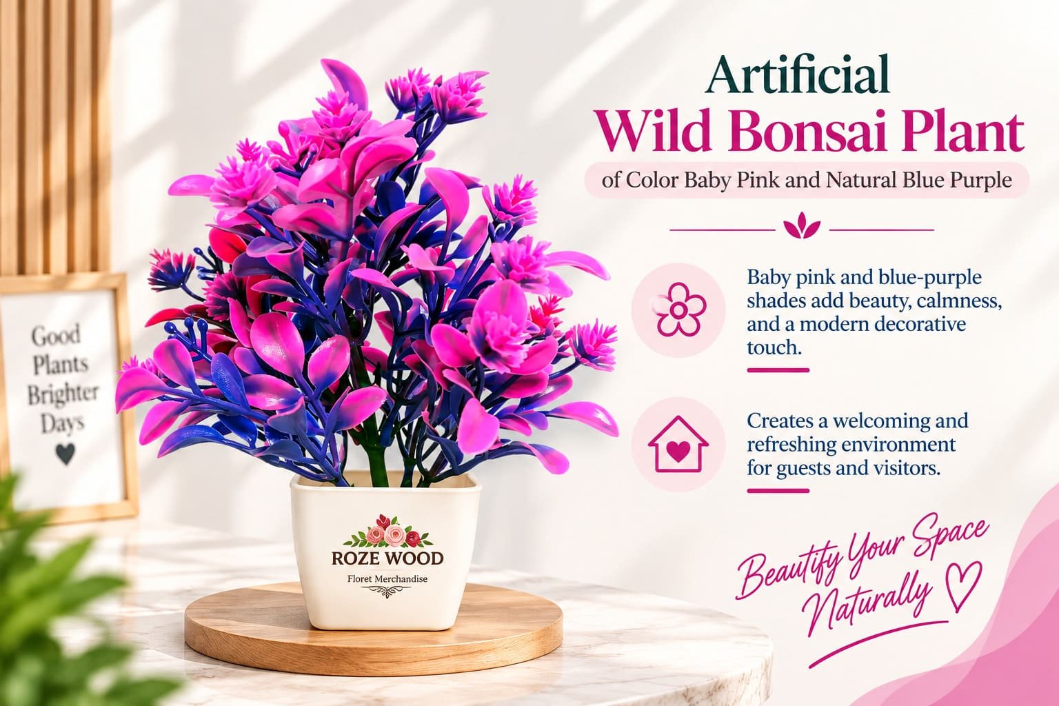 Artificial Wild Bonsai Plant of Color Baby Pink and Natural Blue Purple