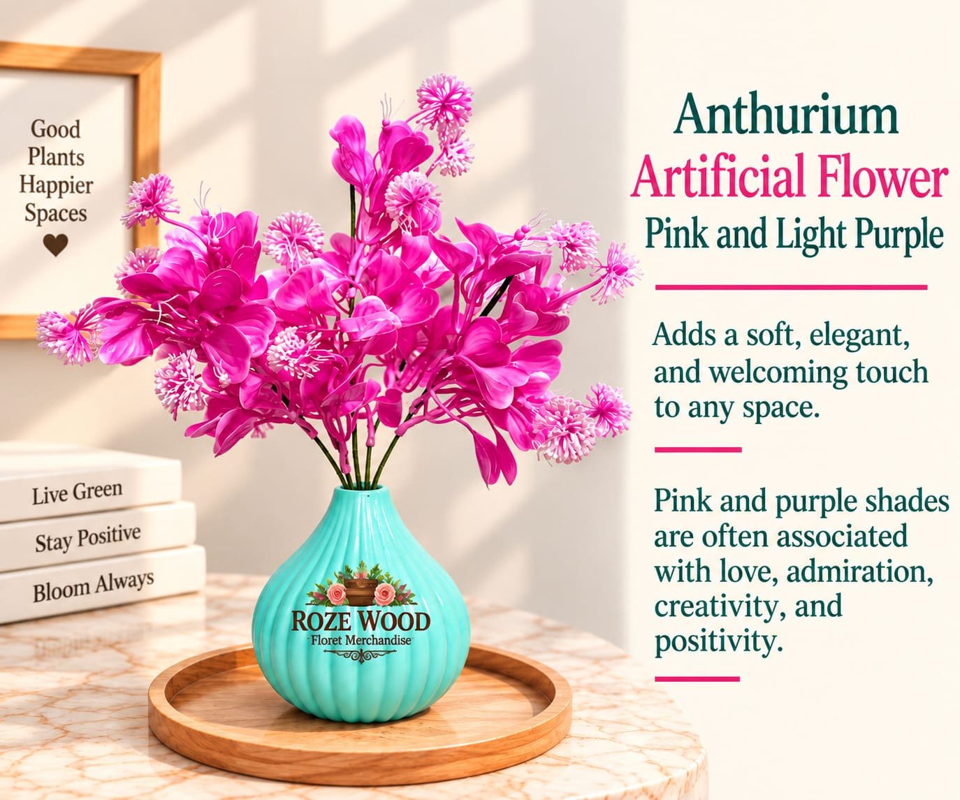 Anthurium Artificial Flower Pink and Light Purple with Sea Blue Pot