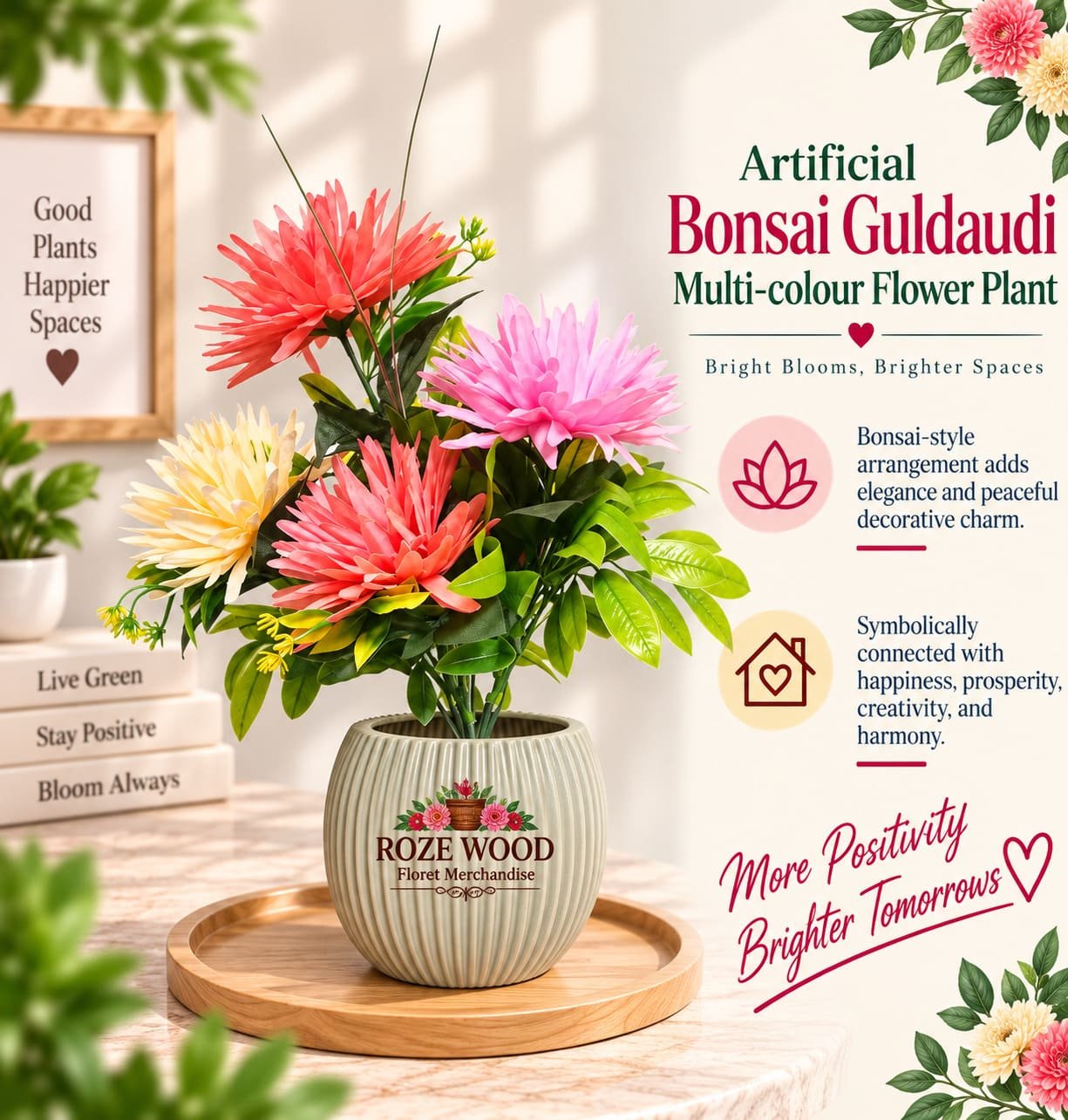 Artificial Bonsai Guldaudi multi-colour Flower Plant with Pot