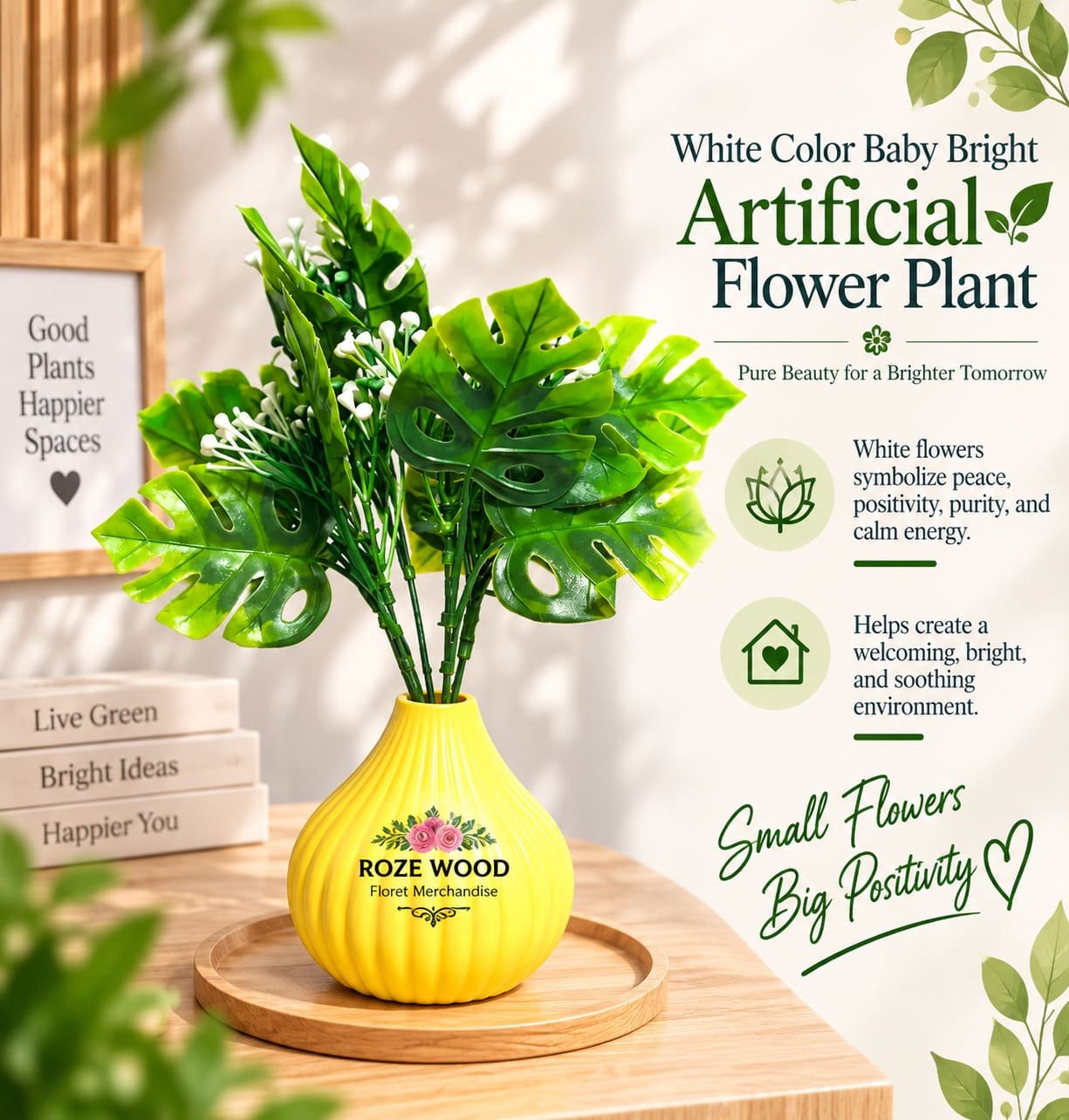 White Color baby bright Artificial Flower Plant with Yellow Pot