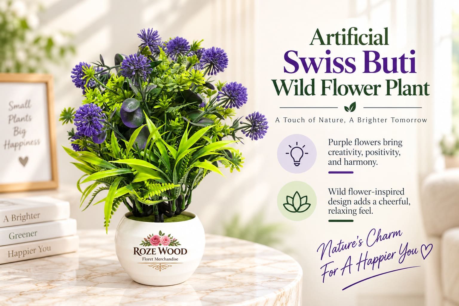Artificial Swiss Buti Wild Flower Plant with Purple Flowers in Fancy White Pot