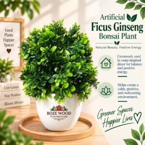 Artificial Ficus Ginseng Bonsai Plant with Shiny Green Leaves in Large White Pot