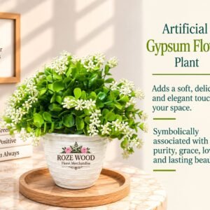 Artificial Gypsum Flower Plant with White Swiss Blossoms in Basket-Style Pot