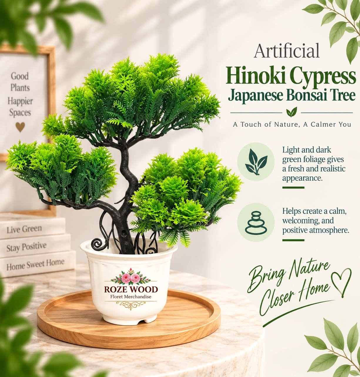 Artificial Hinoki Cypress Japanese Bonsai Tree in Fancy White Pot