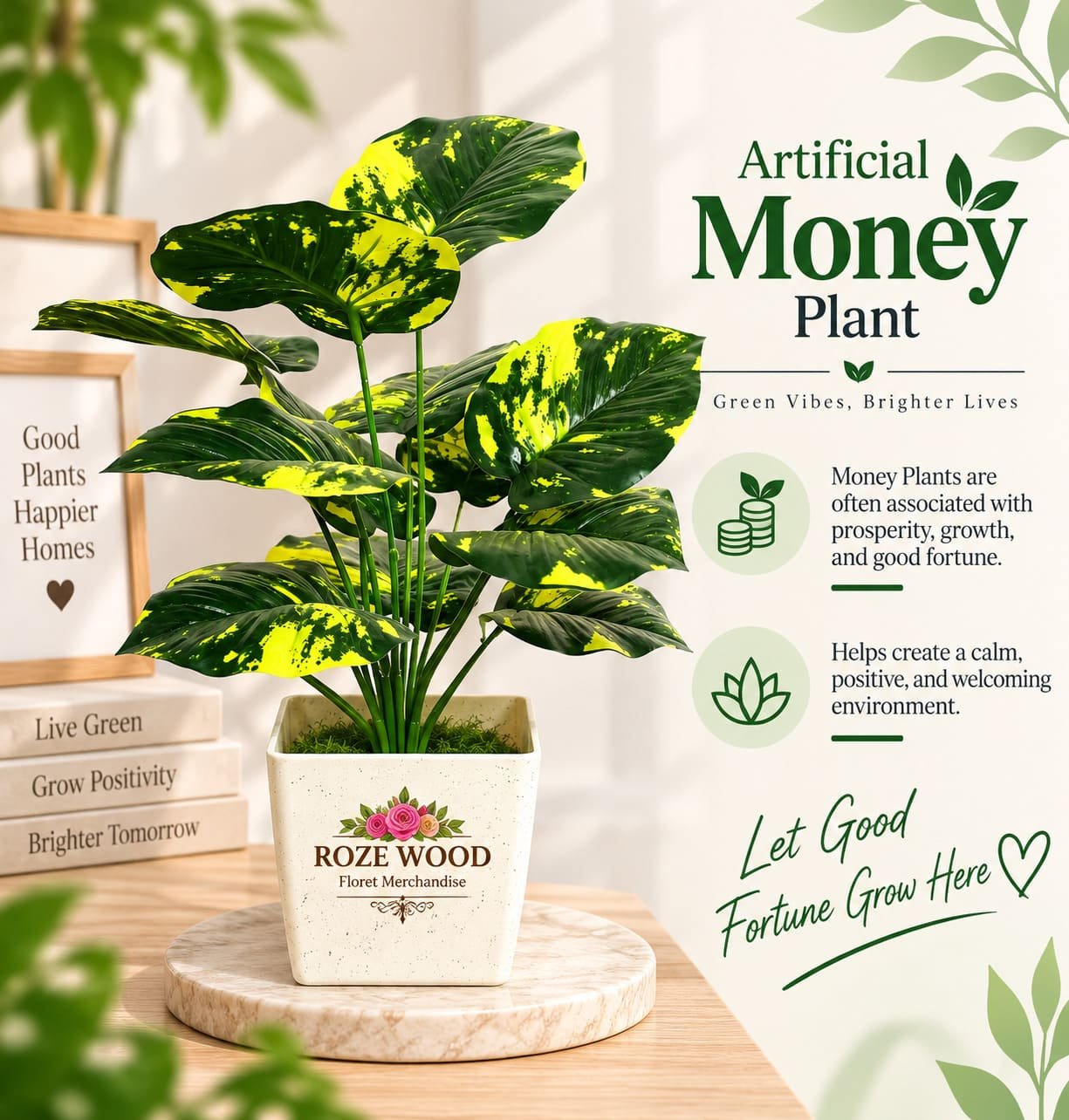 Artificial Money Plant with Large Leaves in Fancy Square White Pot