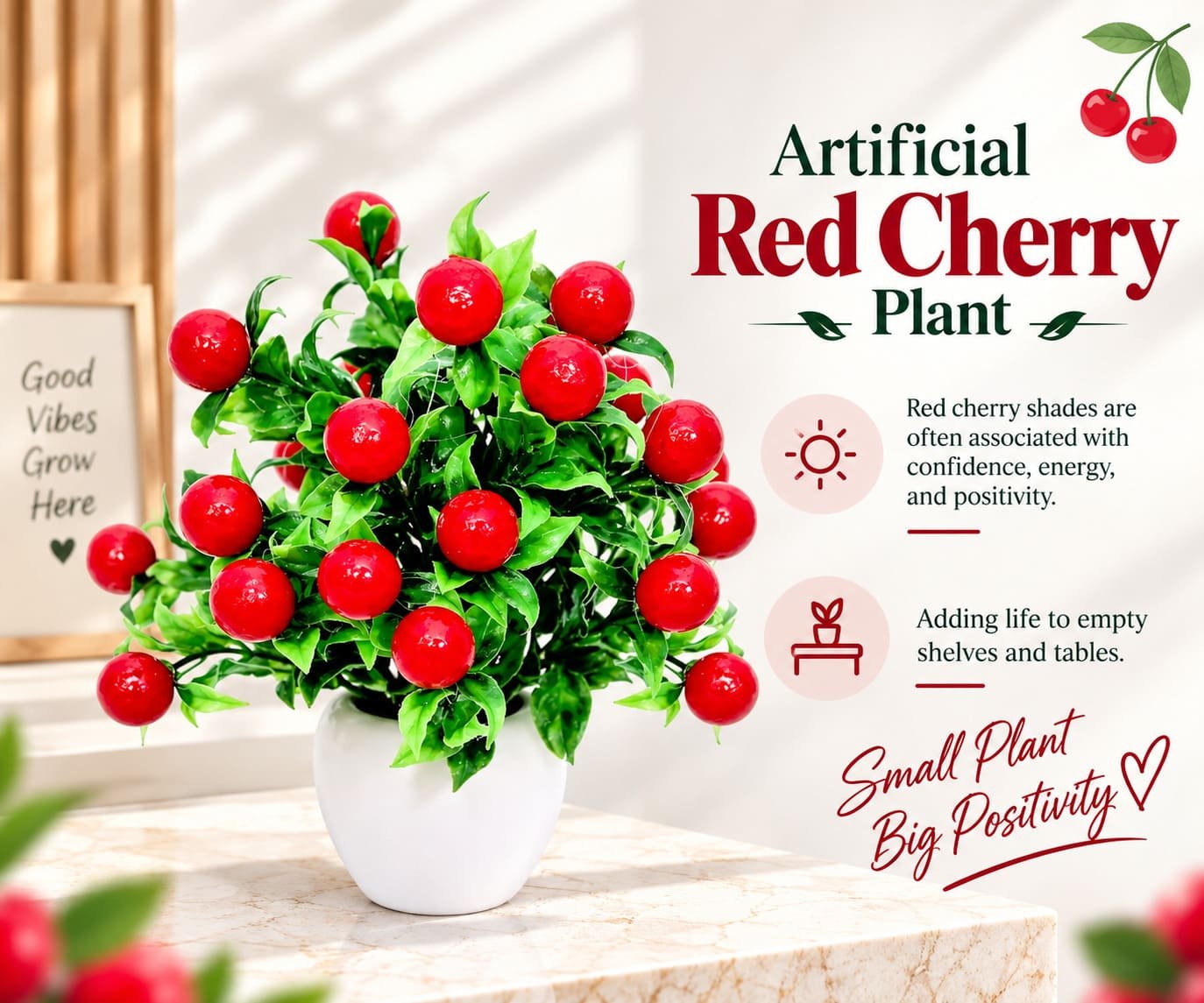 Artificial Red Cherry Plant with White Pot