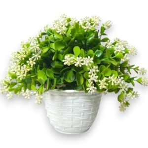 Artificial Gypsum Flower Plant with White Swiss Blossoms in Basket-Style Pot