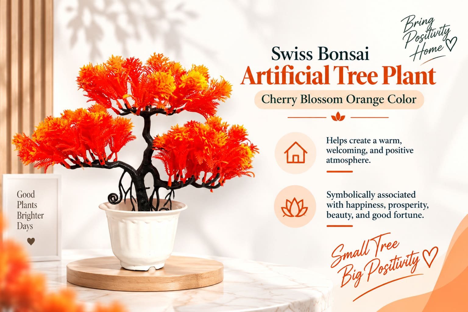 Swiss Bonsai Artificial Tree Plant Cherry Blossom Orange Color