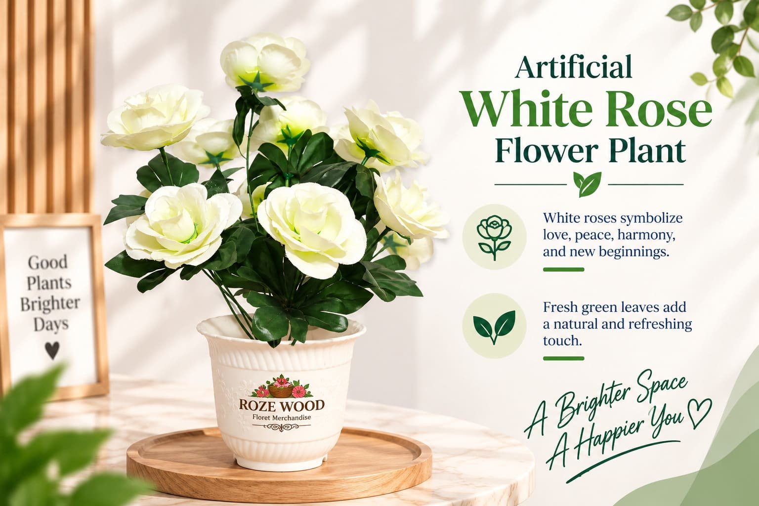 Artificial White Rose Flower Plant in Fancy White Pot