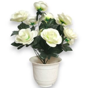 artificial white rose plant with 12 number flowers in a white pot