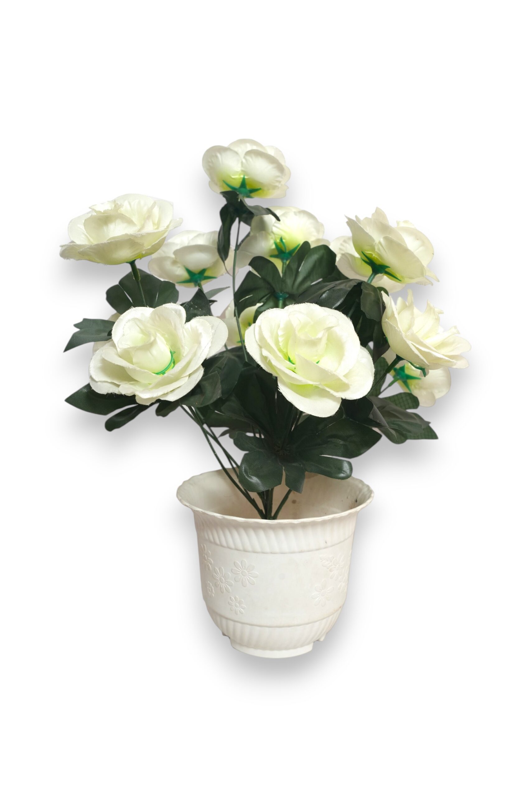 artificial white rose plant with 12 number flowers in a white pot