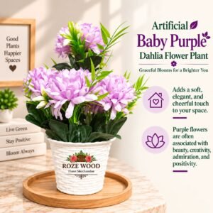 Artificial Baby Purple Dahlia Flower Plant in White Basket Pot