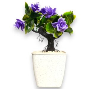 Artificial Bonsai Tree with Purple Flowers in White Pot