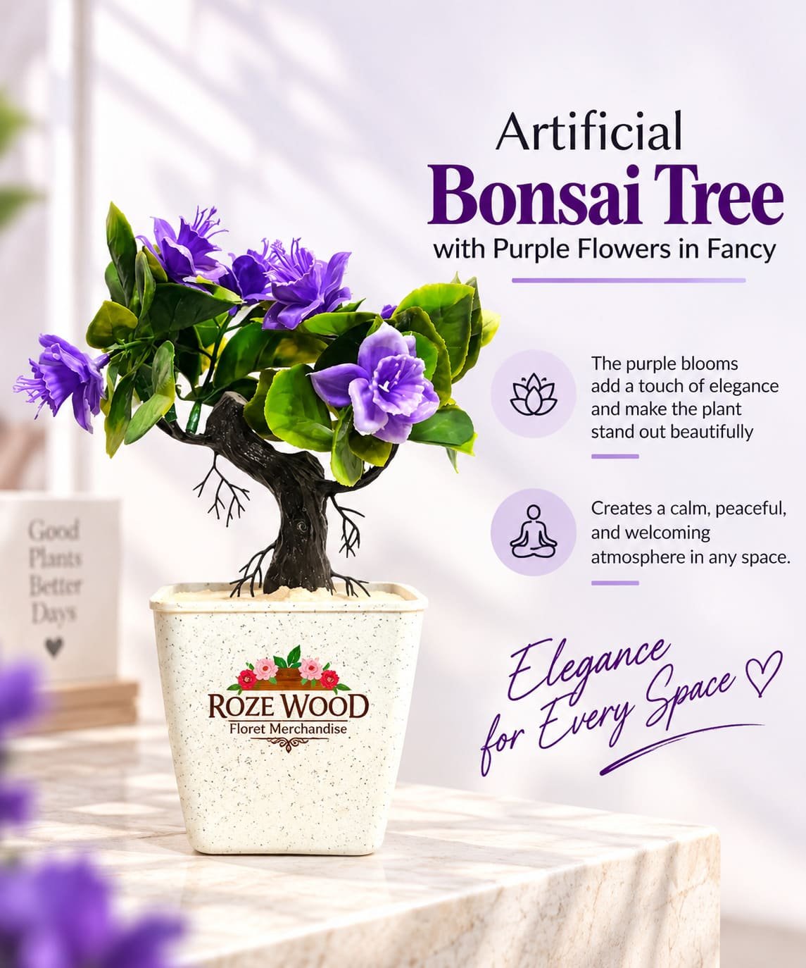 Artificial Bonsai Tree with Purple Flowers in Fancy White Pot