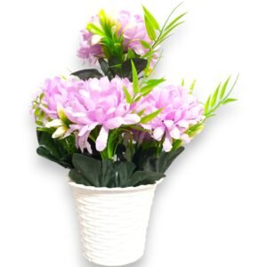 Artificial Baby Purple Dahlia Flower Plant in White Basket Pot
