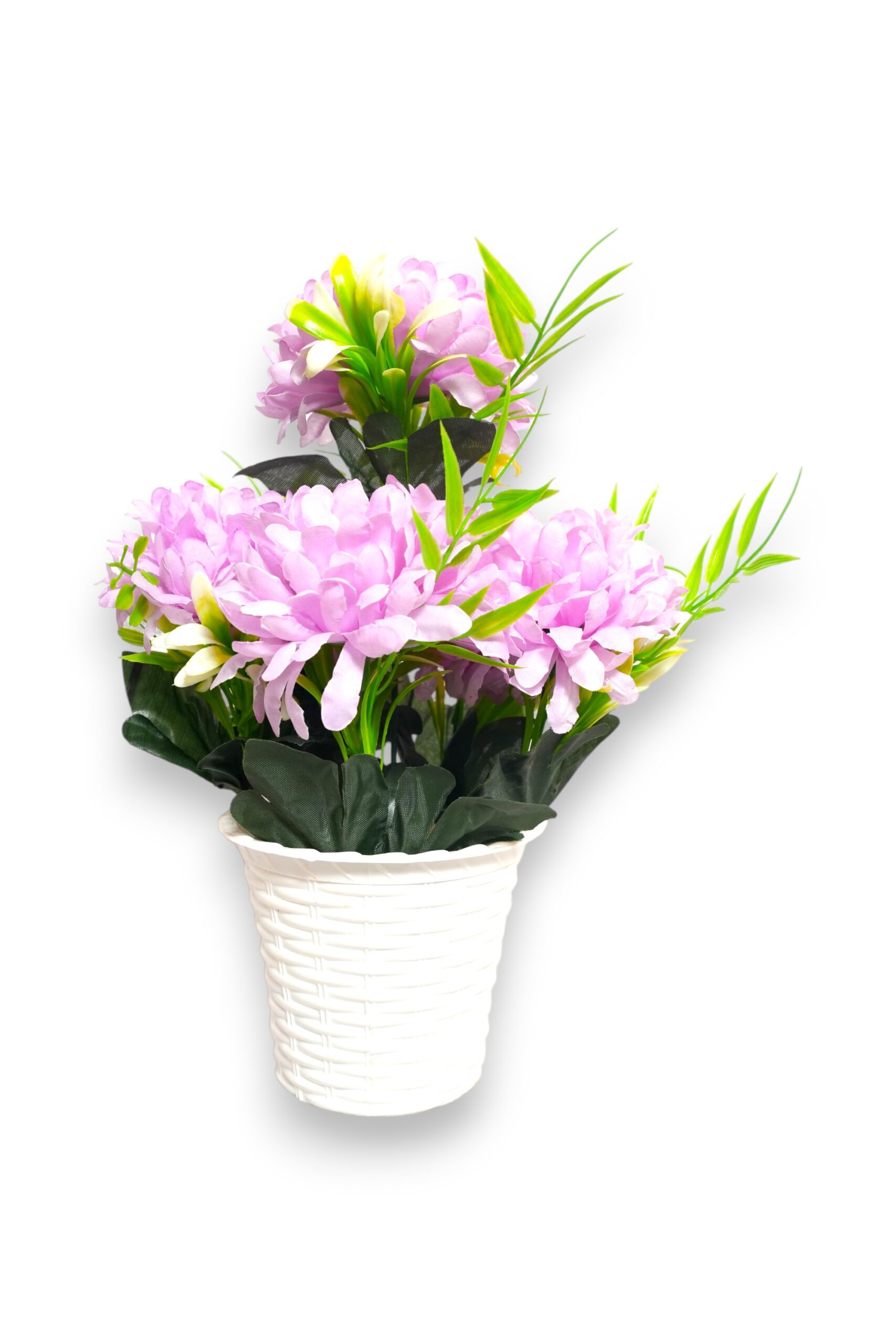 Artificial Baby Purple Dahlia Flower Plant in White Basket Pot