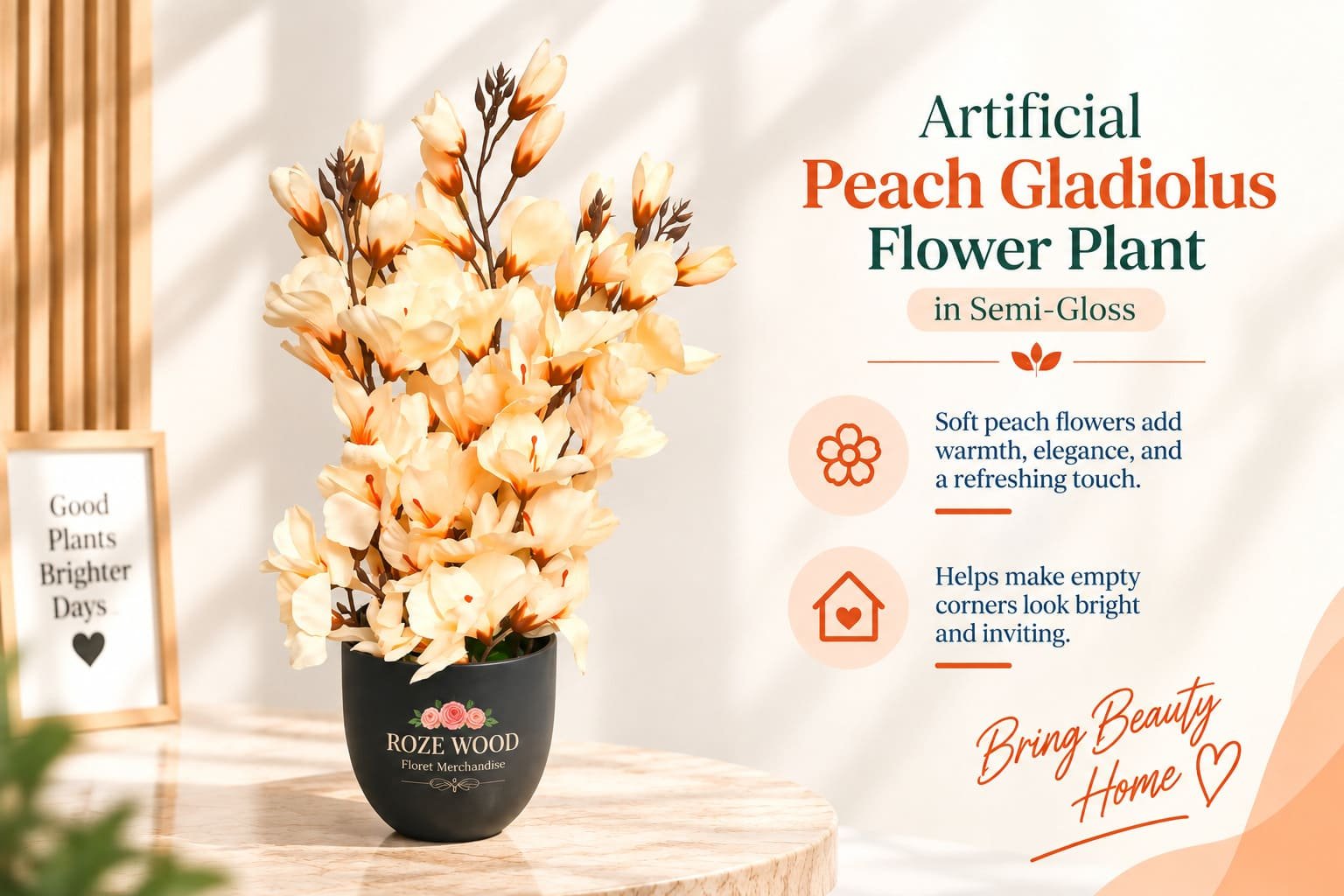 Artificial Peach Gladiolus Flower Plant in Semi-Gloss Black Pot