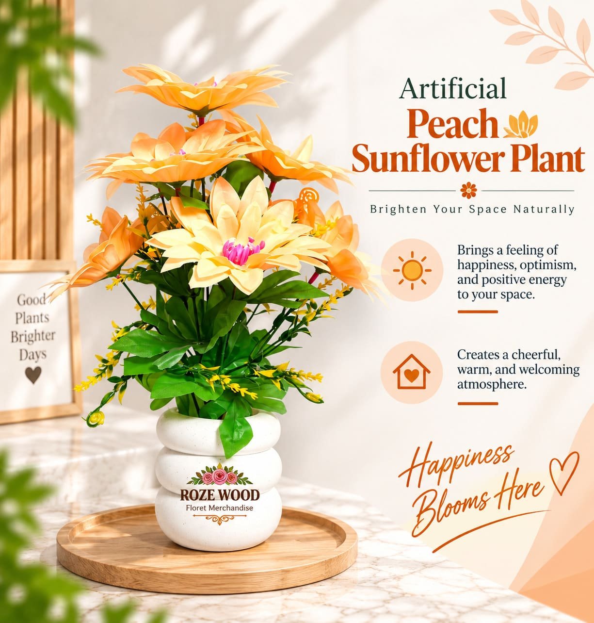 Artificial Peach Sunflower Plant in Three-Layer White Pot