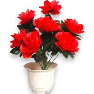 Artificial Shining Red Rose Plant in White Pot