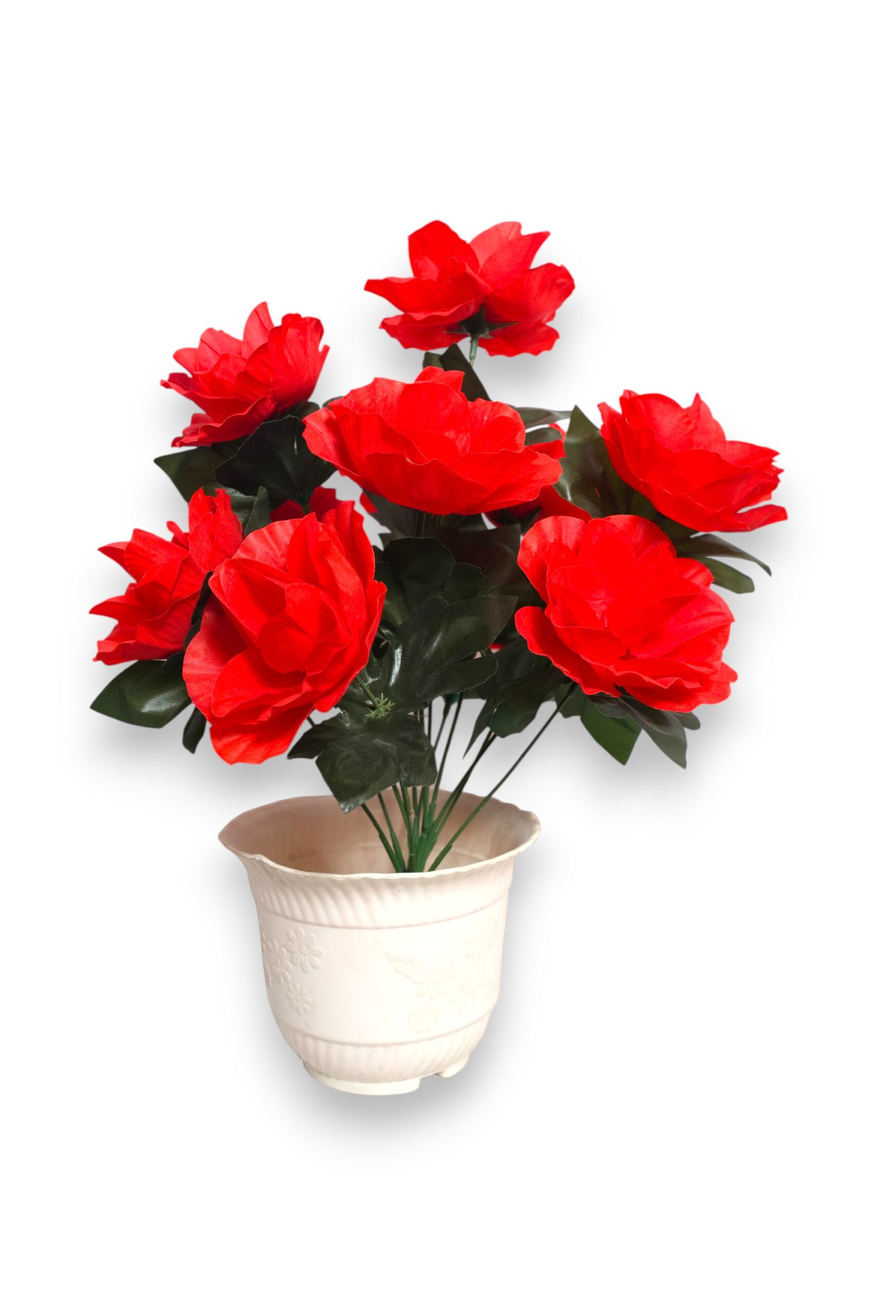 Artificial Shining Red Rose Plant in Fancy White Pot