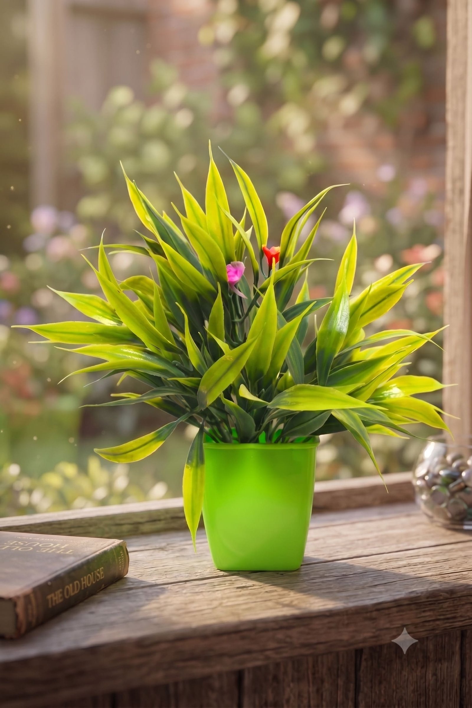 artificial green bamboo leaves with red flowers and green pot