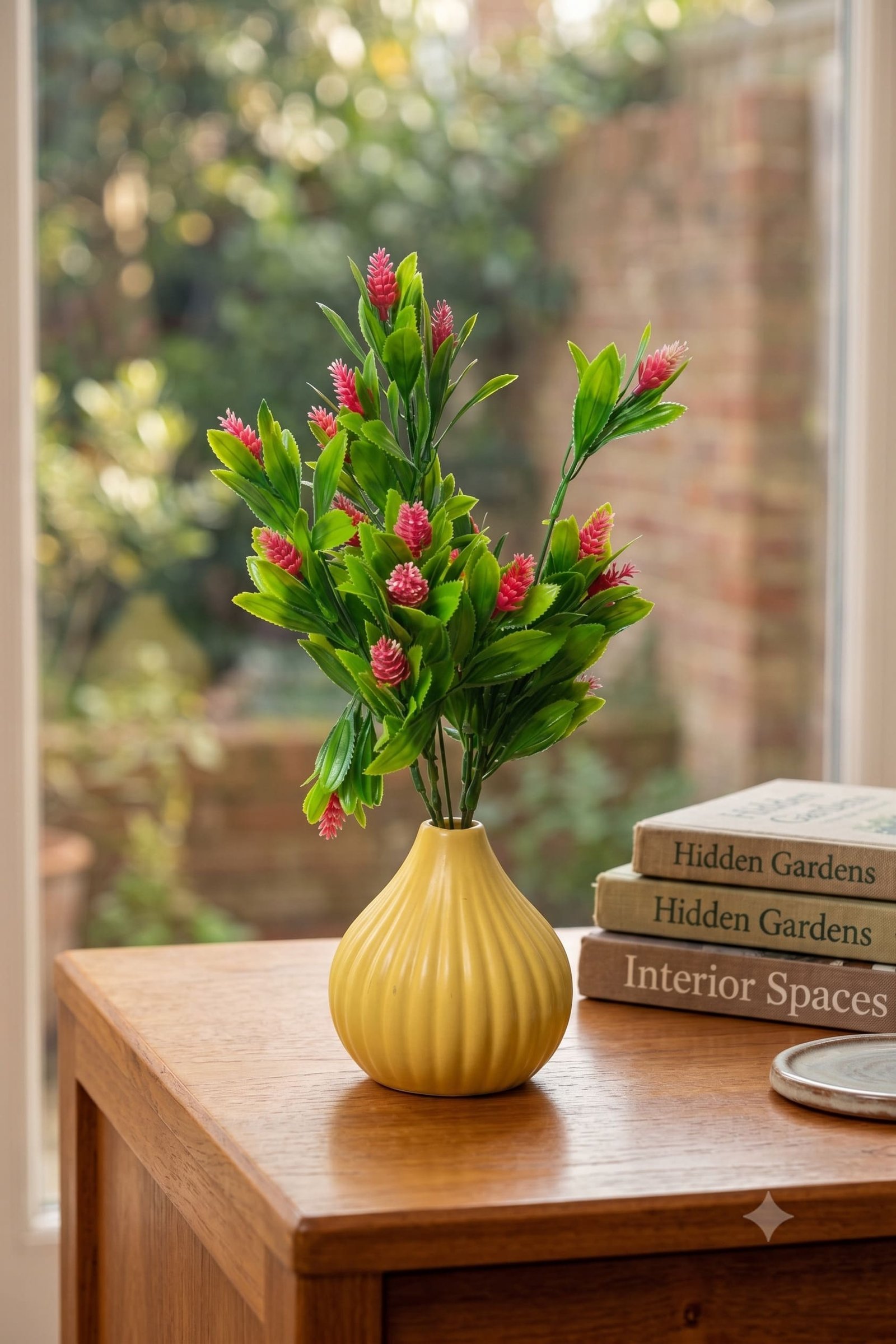 artificial red flowern with green leaf and yellow pot
