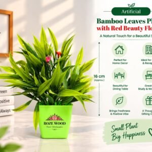 Artificial Bamboo Leaves Plant with Red Beauty Flower and Green Mug Shaped Pot