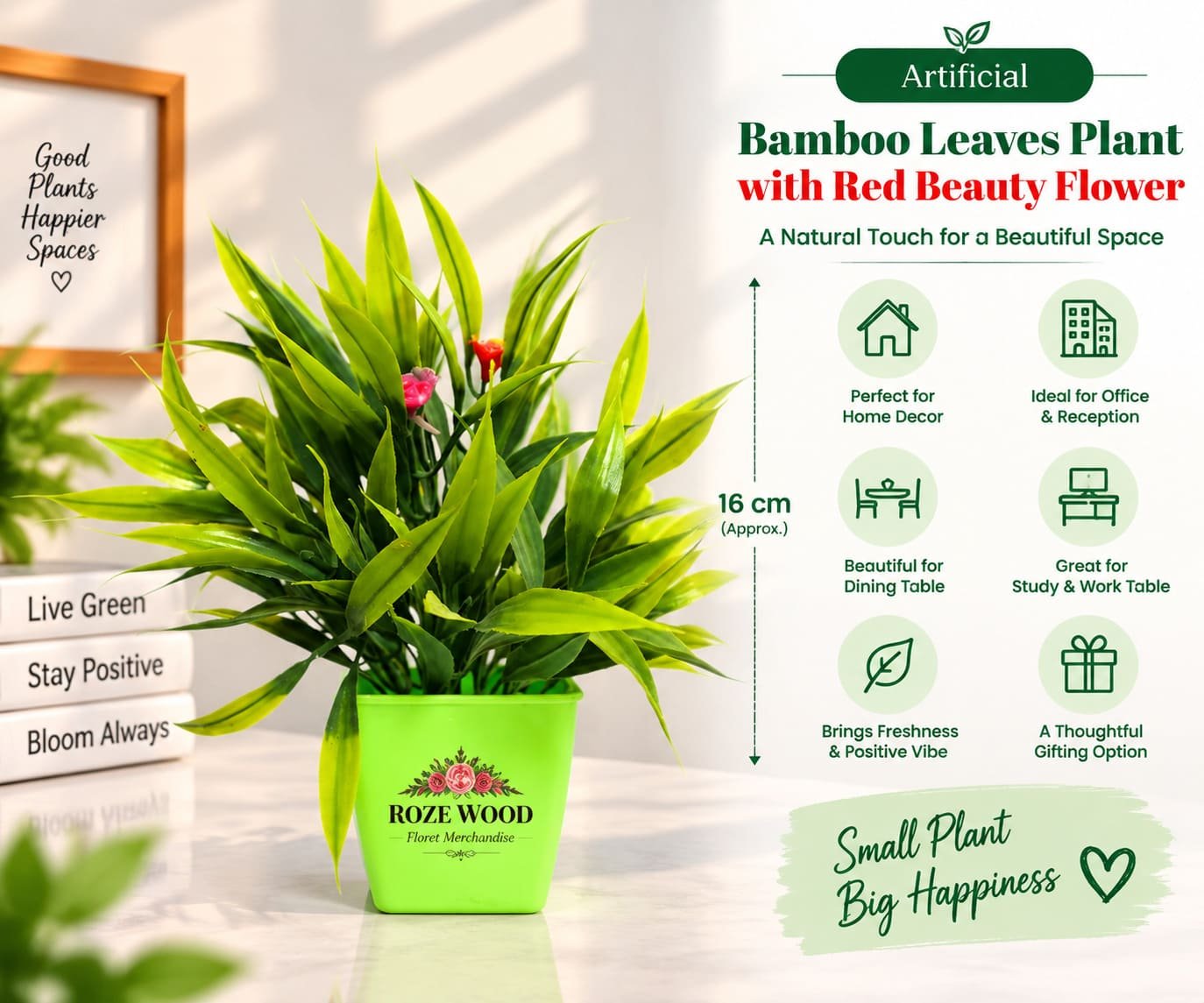 Artificial Bamboo Leaves Plant with Red Beauty Flower and Green Mug Shaped Pot