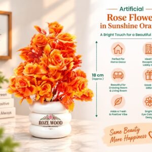 Artificial Sunshine Orange Rose Flower Plant with Fancy White Tyre Shaped Pot