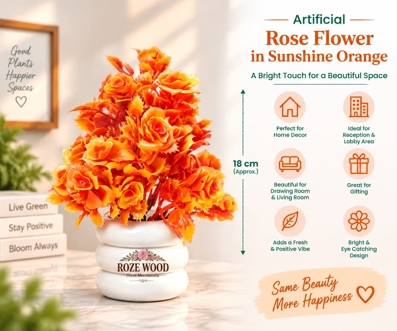 Artificial Sunshine Orange Rose Flower Plant with Fancy White Tyre Shaped Pot
