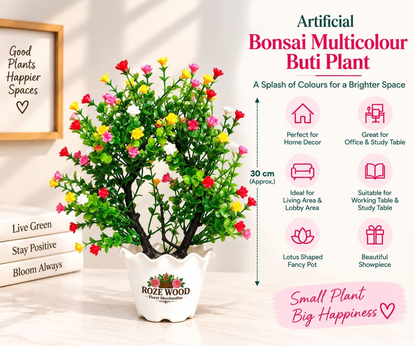 Artificial Bonsai Multicolour Buti Plant with Lotus-Shaped White Pot