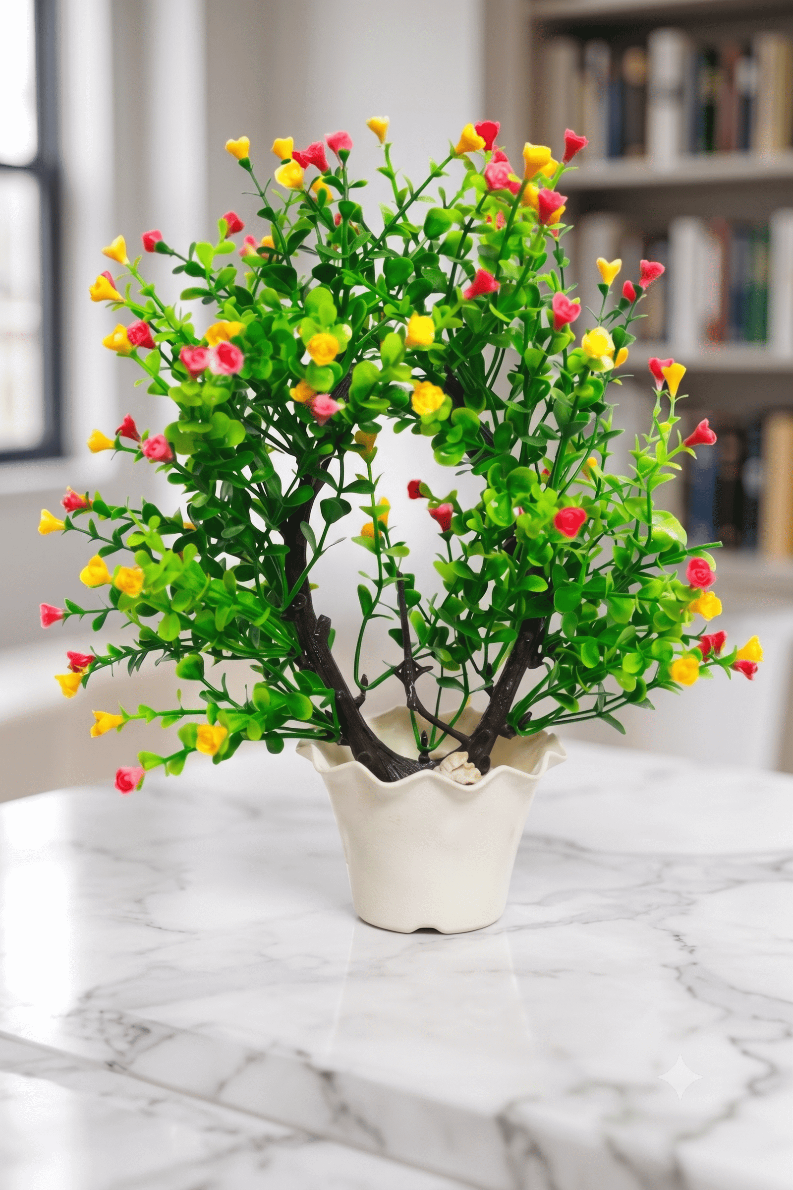 artificial red yellow flower with white gamla pot