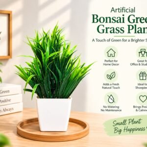 Artificial Bonsai Green Grass Plant with Fancy White Pot
