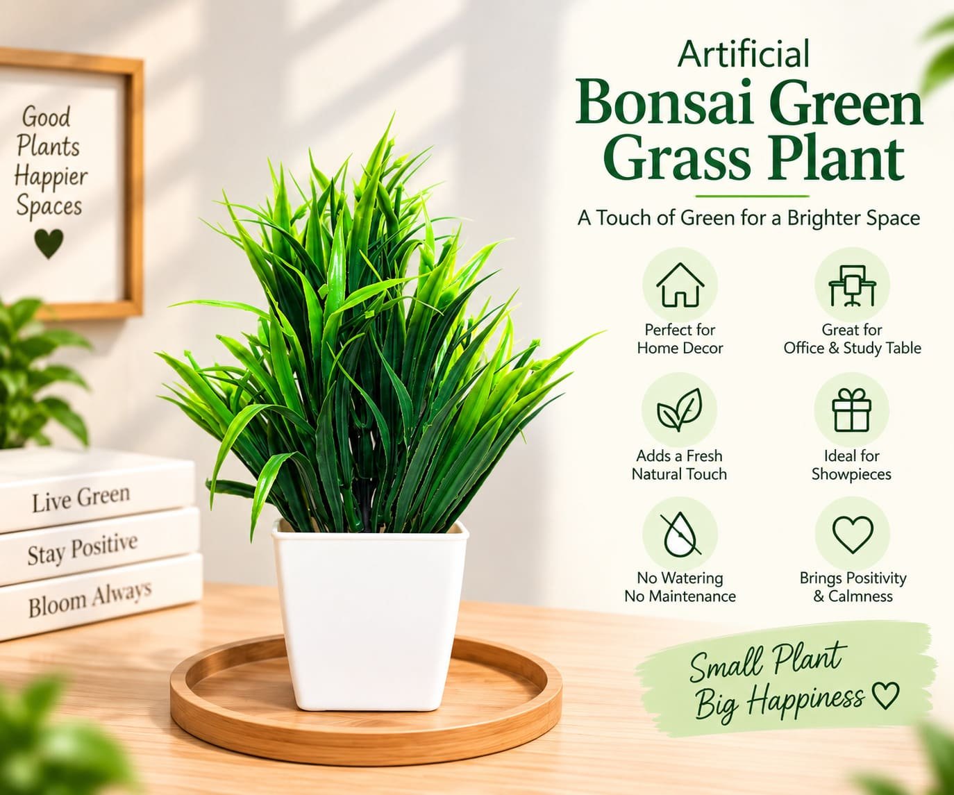 Artificial Bonsai Green Grass Plant with Fancy White Pot