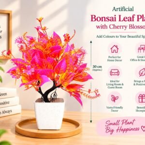 Artificial Bonsai Leaf Plant with Cherry Blossom & Fancy White Pot