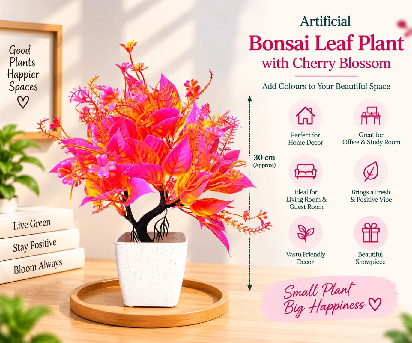 Artificial Bonsai Leaf Plant with Cherry Blossom & Fancy White Pot