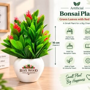 Green Leaves & Red Buti Artificial Bonsai Plant with Apple-Shaped White Pot