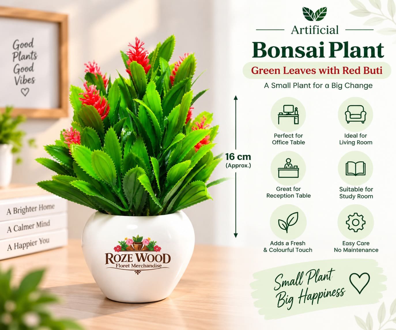 Green Leaves & Red Buti Artificial Bonsai Plant with Apple-Shaped White Pot
