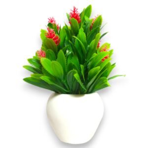 Green leaves and red buti artificial plant with apple shape pot