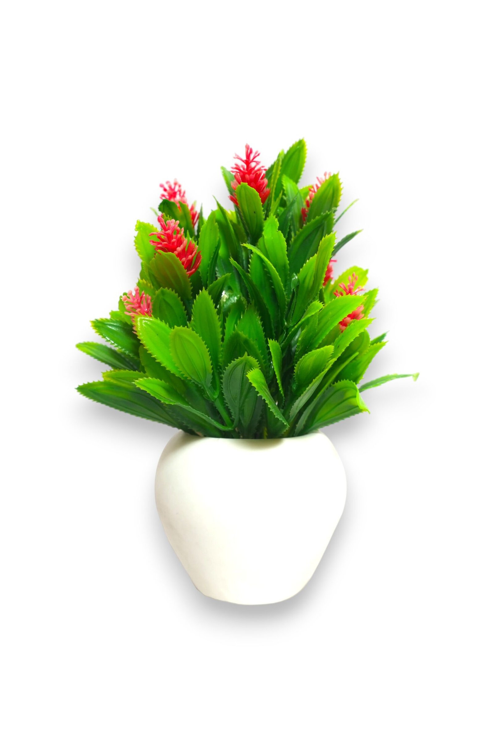 Green leaves and red buti artificial plant with apple shape pot
