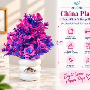 Artificial China Plant in Deep Pink & Blue with Fancy Tyre Shaped White Pot