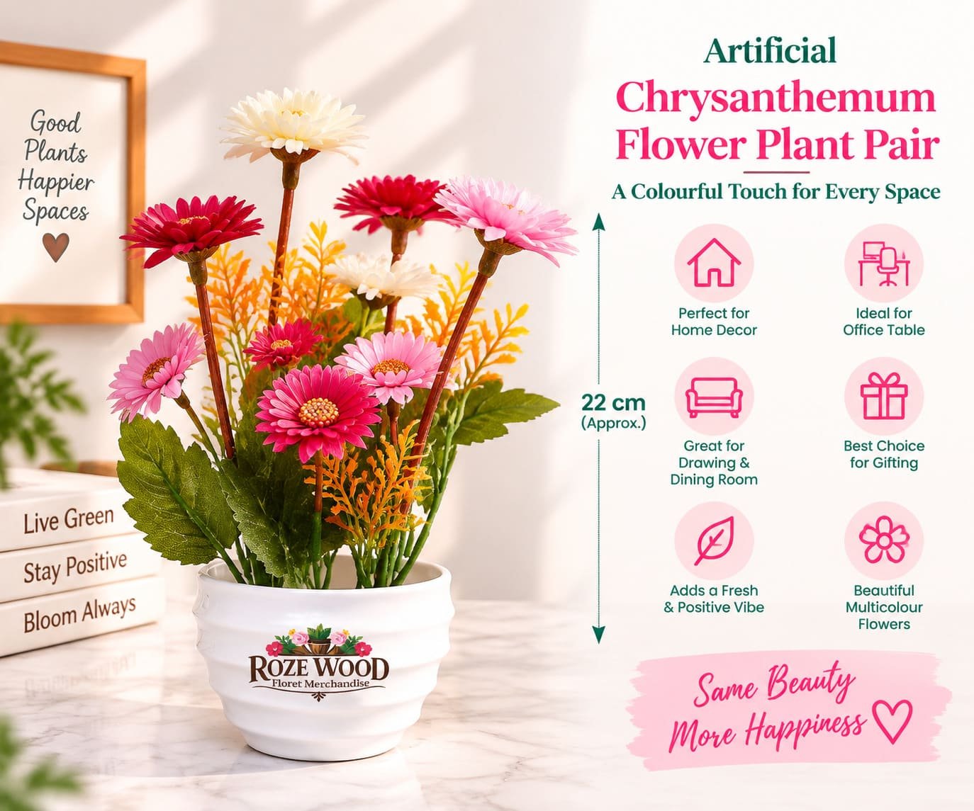 Artificial Chrysanthemum Flower Plant Pair with White Pot