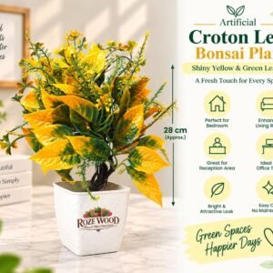Artificial Croton Leaf Bonsai Plant with Shiny Yellow & Green Leaves with a fancy white pot